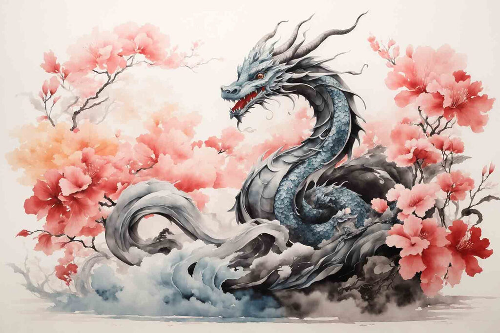 Drago tra i fiori — design completo