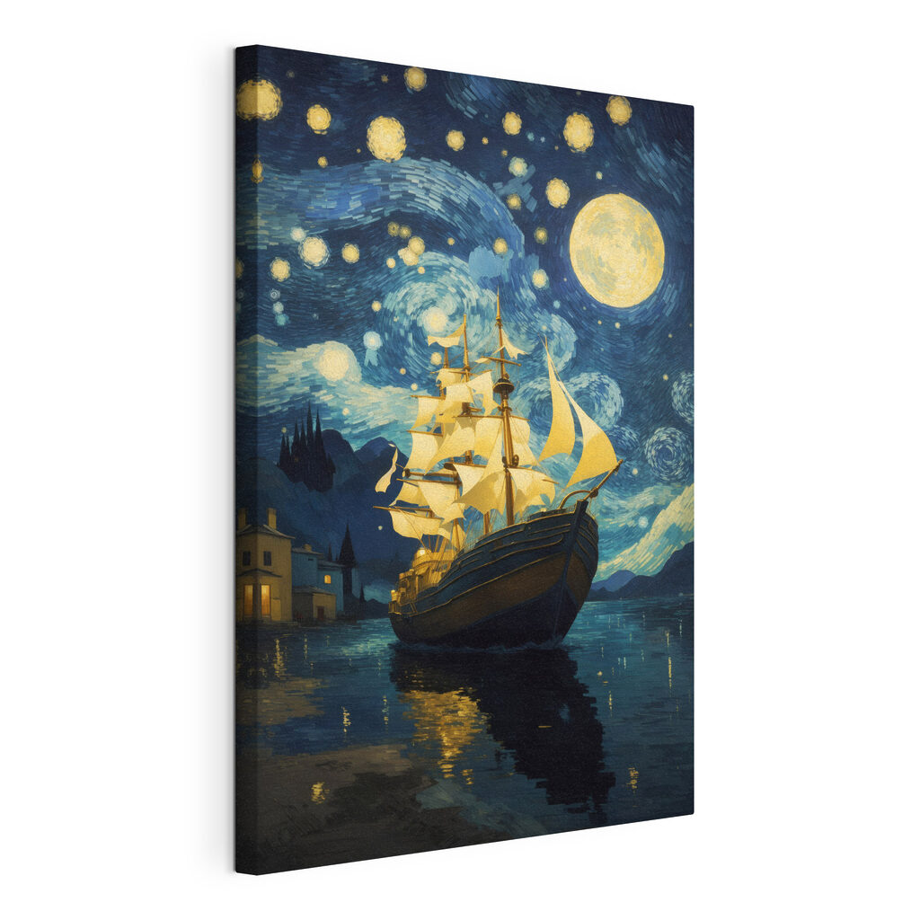 Veliero sotto la luna, tela tesa e bordo avvolto