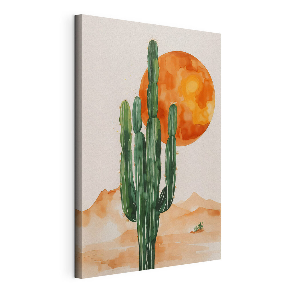 Cactus e sole arancione, tela tesa e bordo avvolto