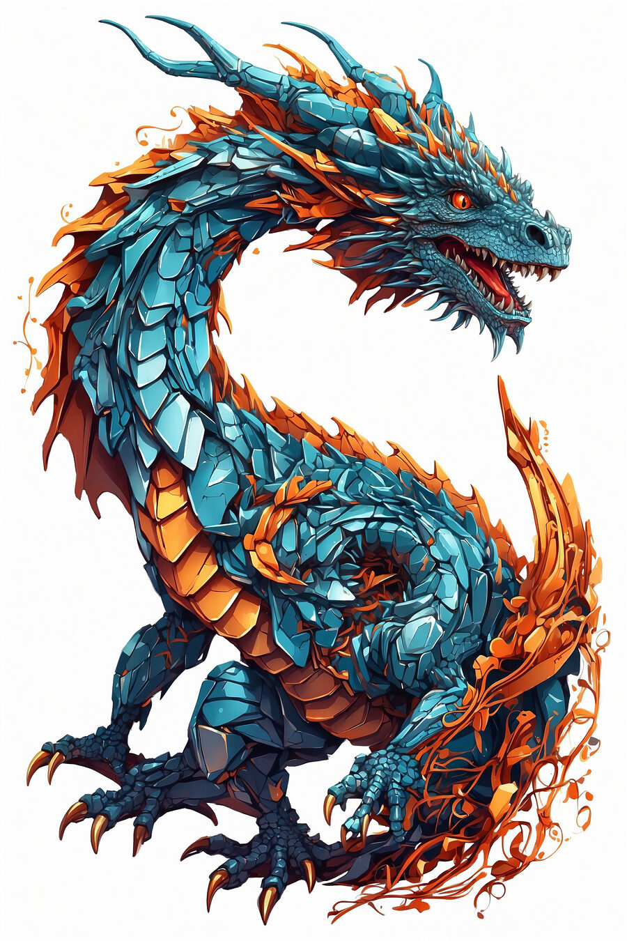 Drago in scaglie blu-arancio — design completo