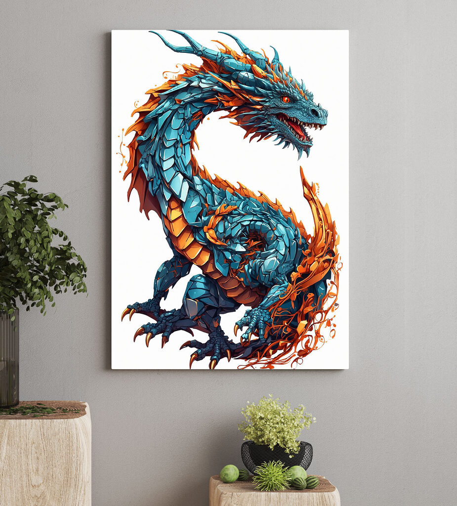 Drago in scaglie blu-arancio — ambiente 3