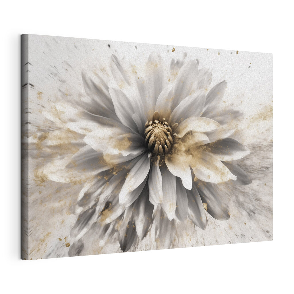 Fiore bianco luminoso, tela tesa e bordo avvolto