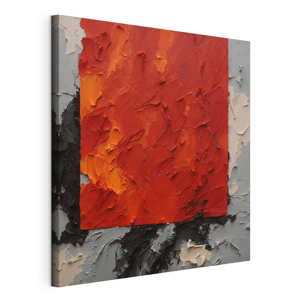 Finestra rosso-arancio, tela tesa e bordo avvolto