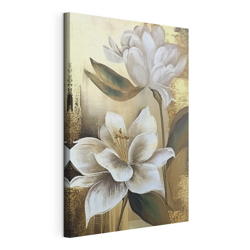 Fiori bianchi nel bagliore, tela tesa e bordo avvolto