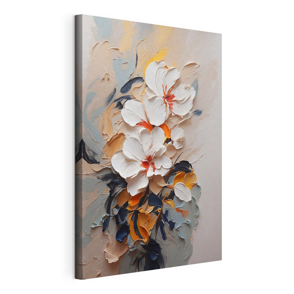 Fiori bianchi, arancio ruggine, tela tesa e bordo avvolto