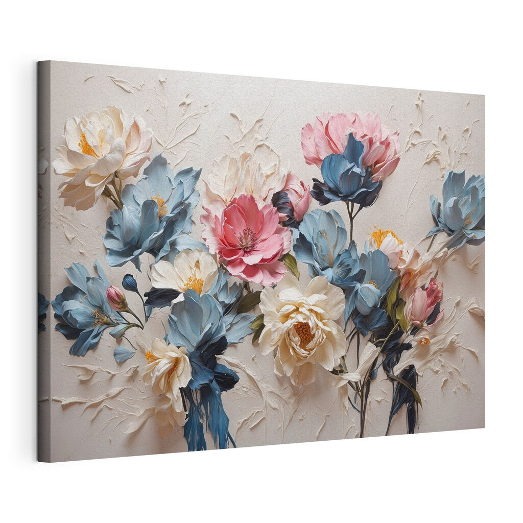Fiori pieni, steli scuri, tela tesa e bordo avvolto