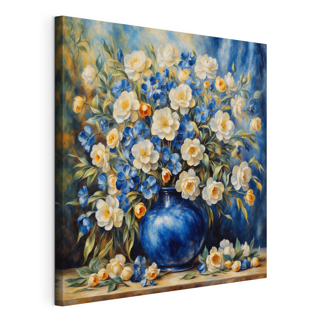 Fiori nel vaso blu, tela tesa e bordo avvolto