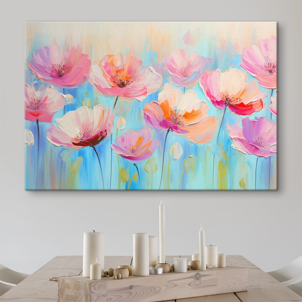 Fiori rosa su azzurro in un ambiente