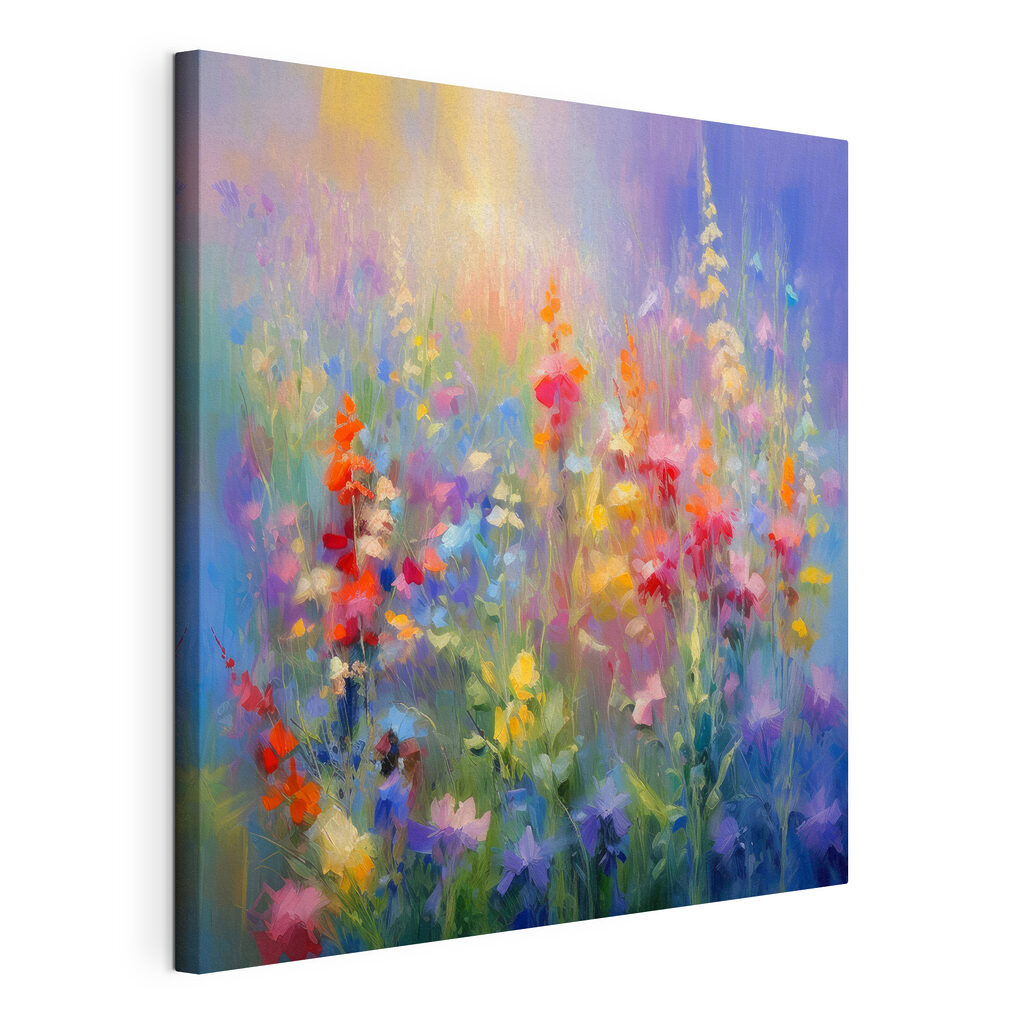 Fiori di campo accesi, tela tesa e bordo avvolto