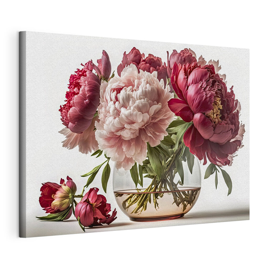Peonie nel vetro, tela tesa e bordo avvolto
