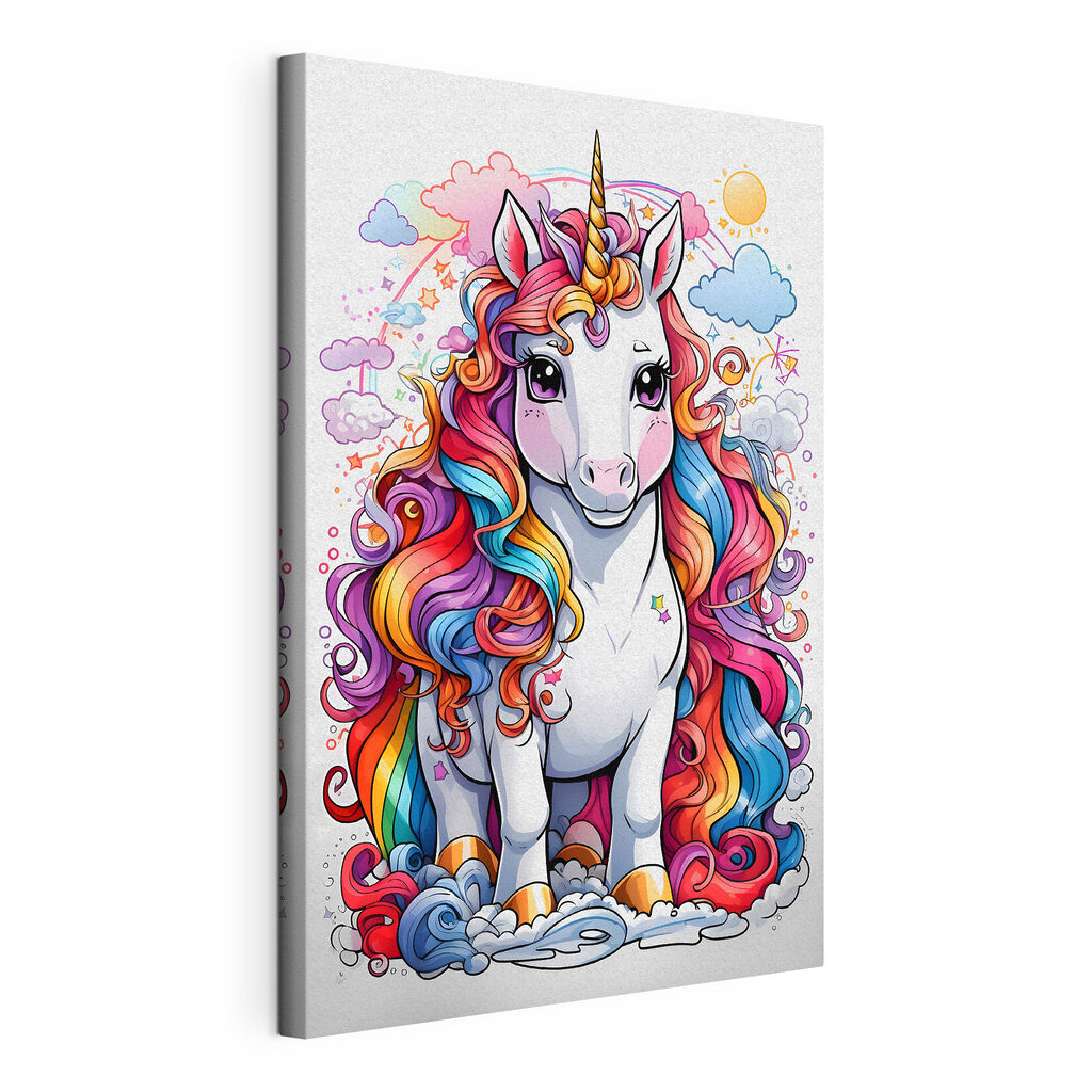 Unicorno fra i riccioli, tela tesa e bordo avvolto