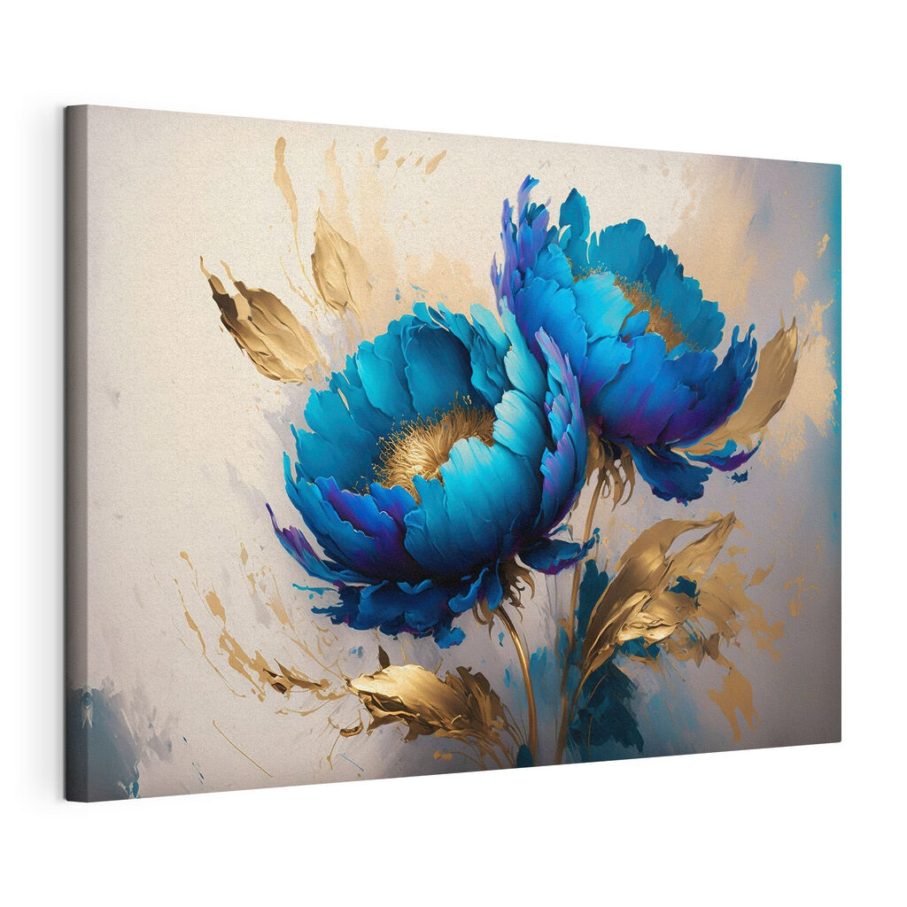 Due fiori blu cobalto, tela tesa e bordo avvolto