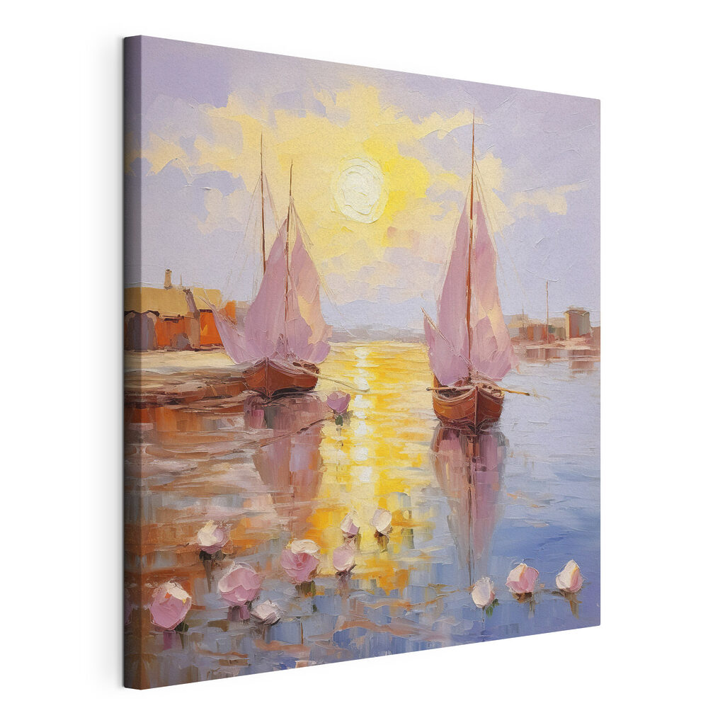 Vele verso il tramonto, tela tesa e bordo avvolto