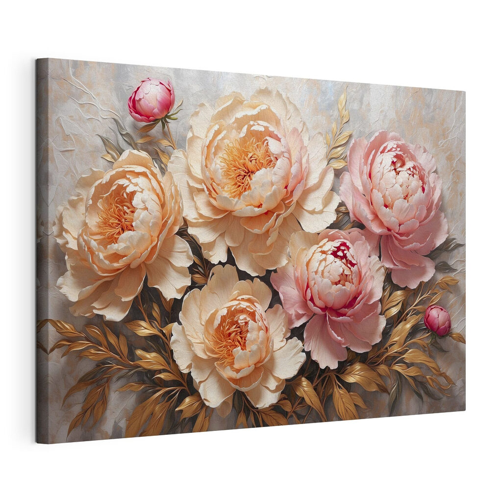 Peonie con bagliore caldo, tela tesa e bordo avvolto