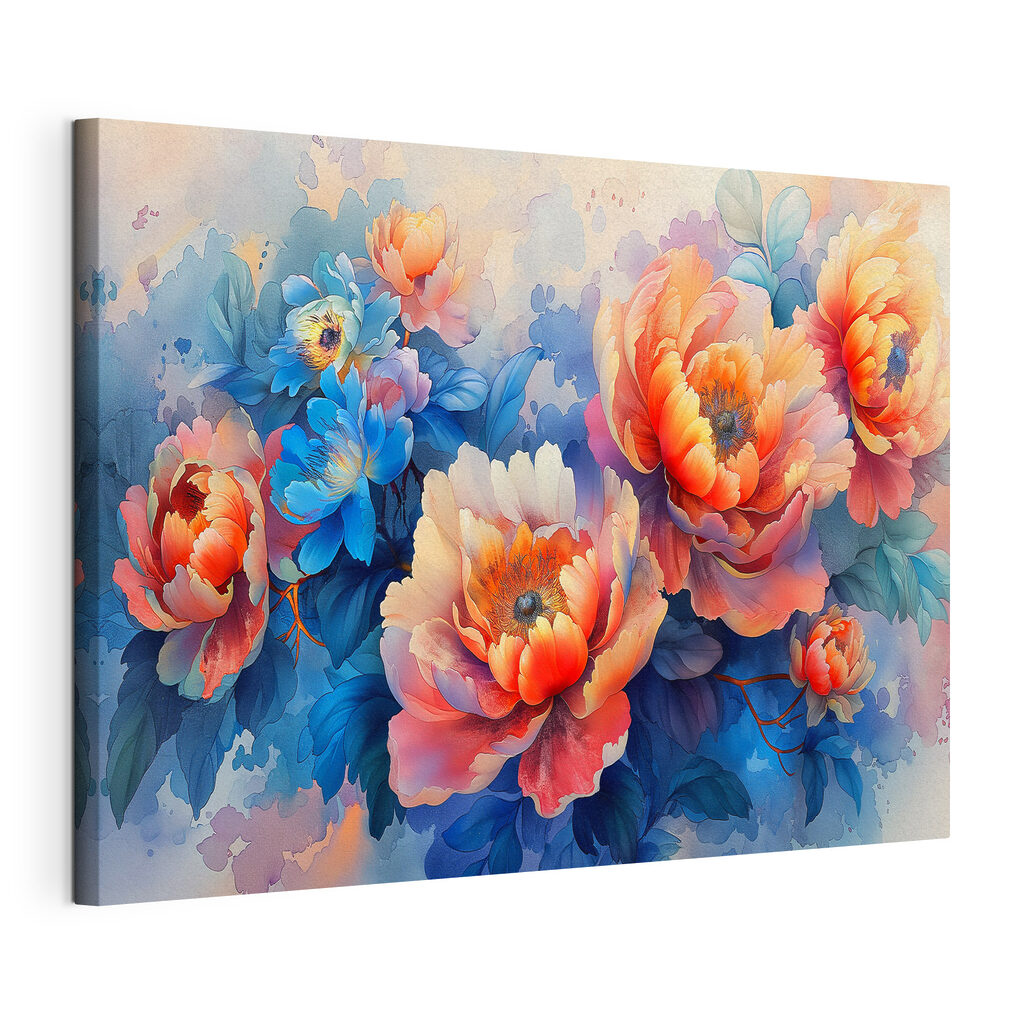 Fiori arancio fra blu, tela tesa e bordo avvolto