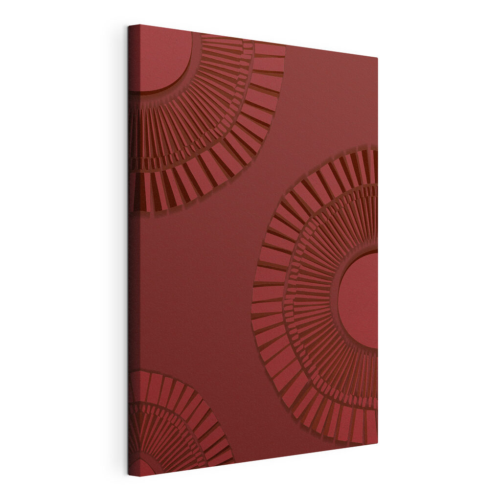 Archi di rosso profondo, tela tesa e bordo avvolto