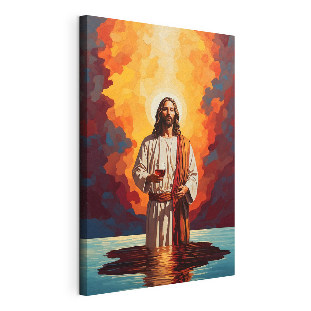 Figura sacra sull’acqua, tela tesa e bordo avvolto