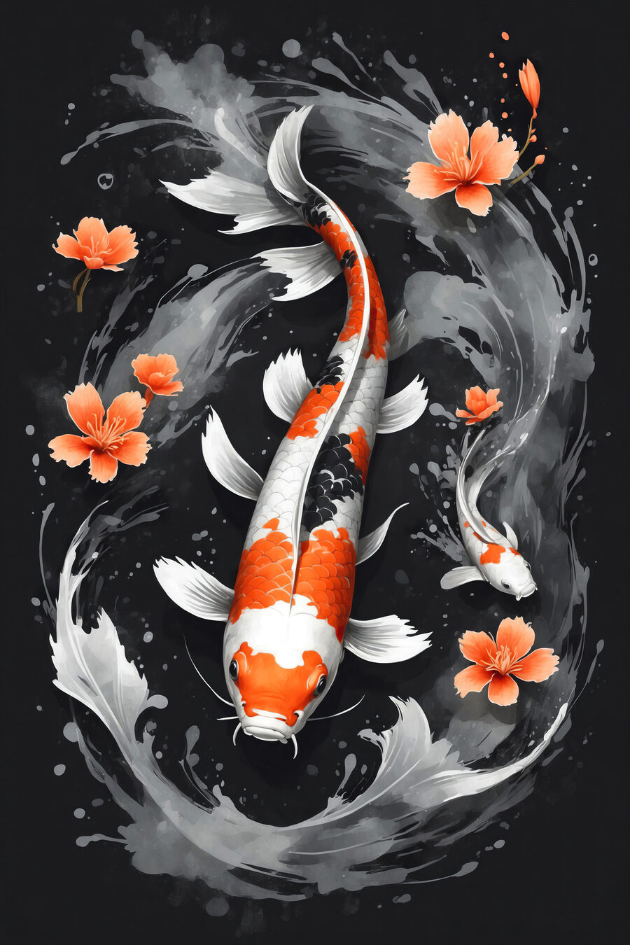Koi tra fiori arancio — design completo