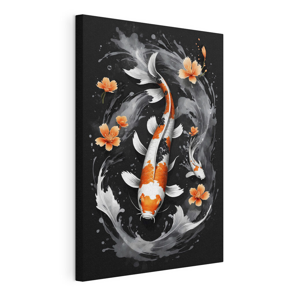Koi tra fiori arancio, tela tesa e bordo avvolto