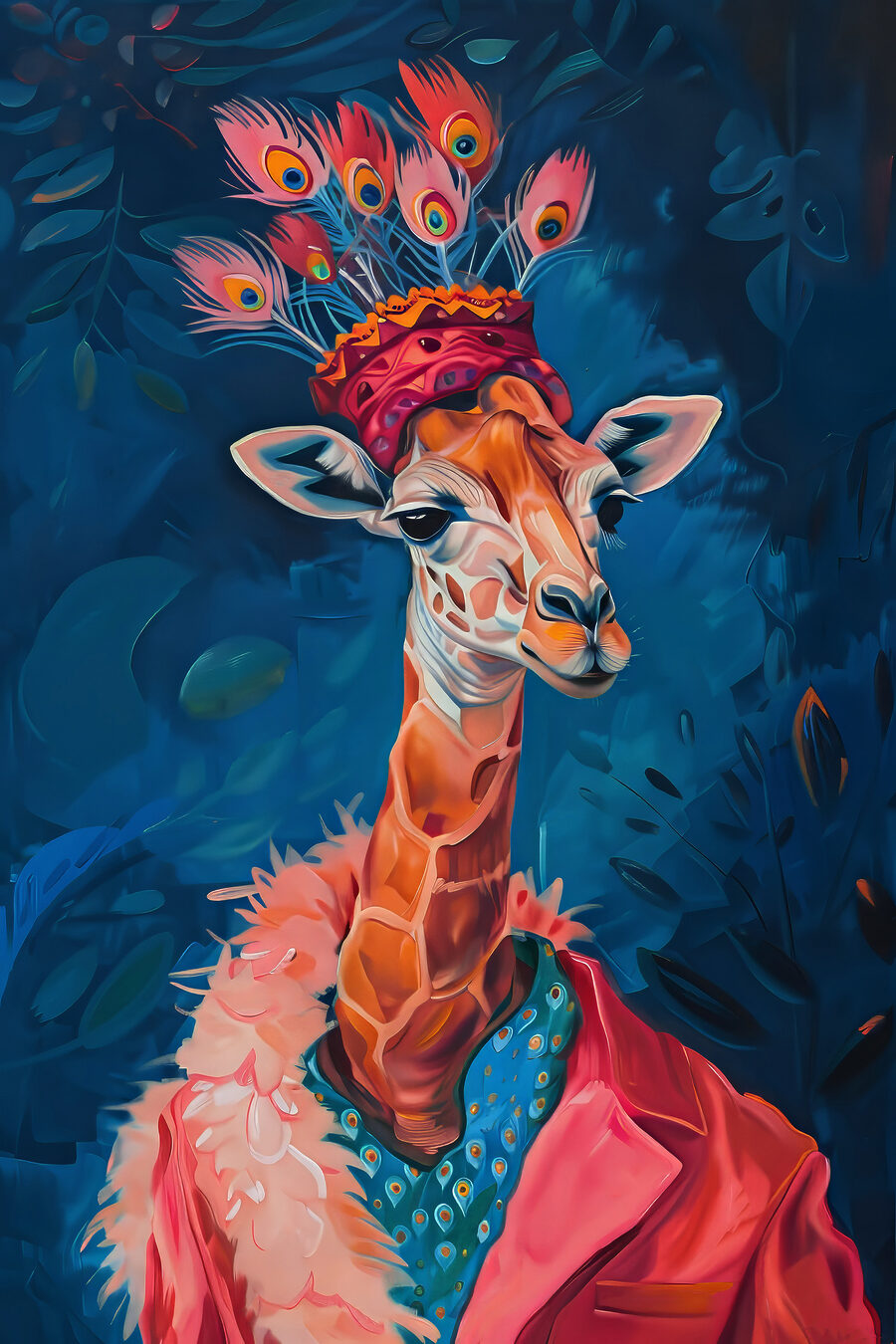 Giraffa con cappello piumato — design completo