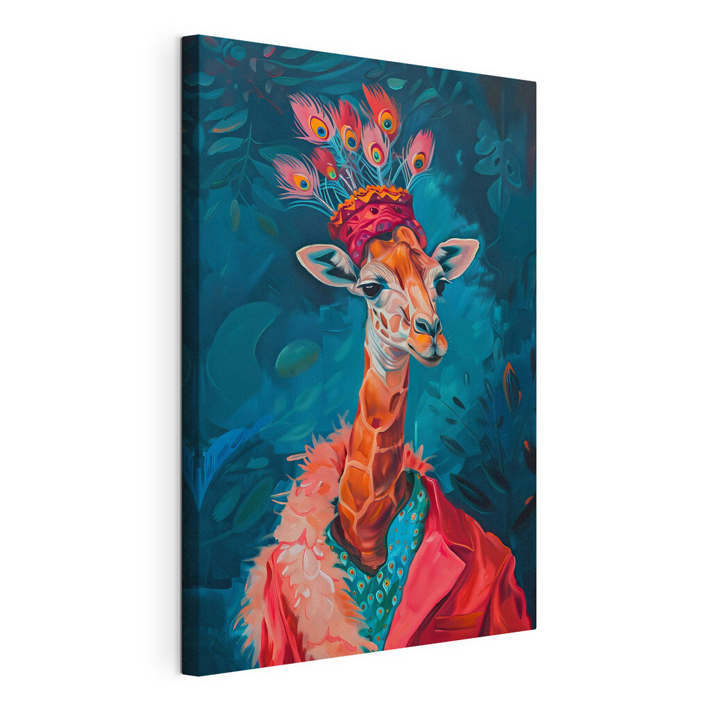 Giraffa con cappello piumato, tela tesa e bordo avvolto