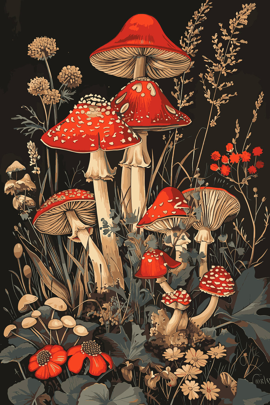 Funghi rossi nel buio — design completo