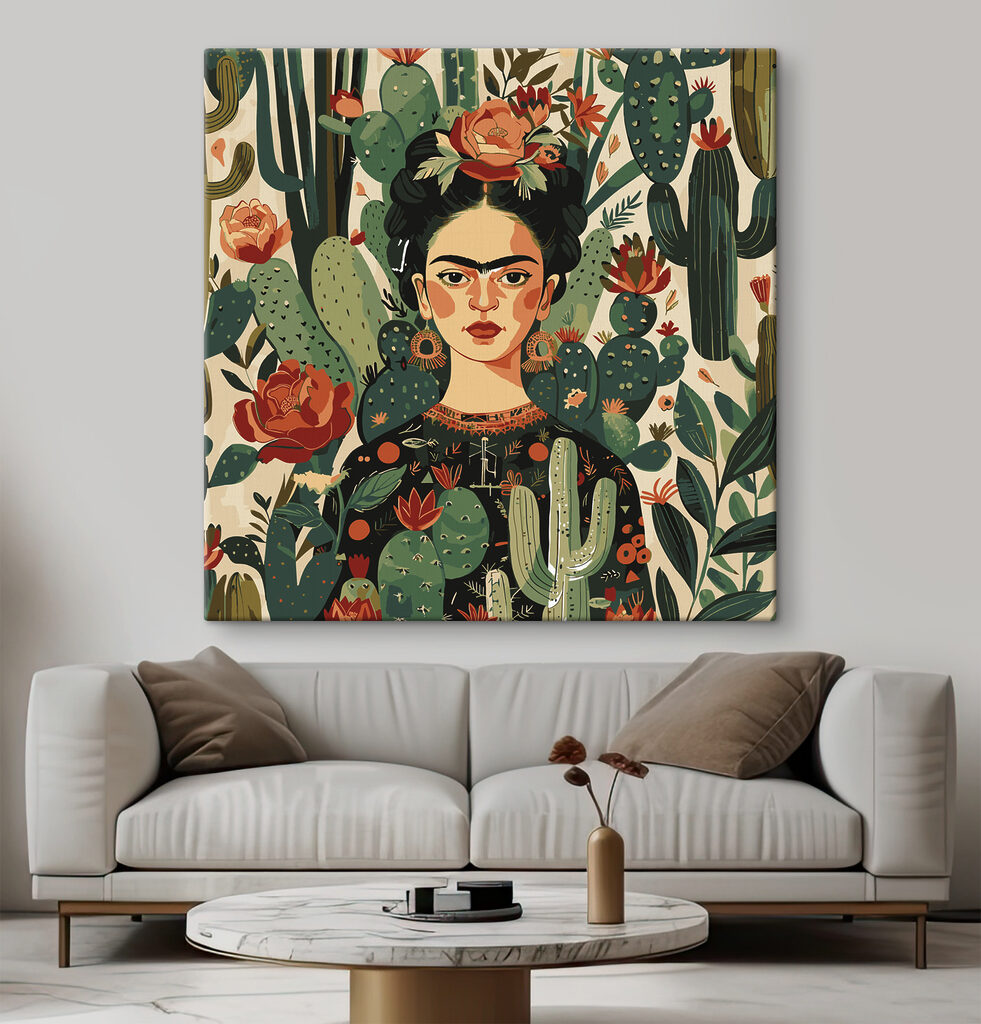 Frida tra cactus rossi in un ambiente