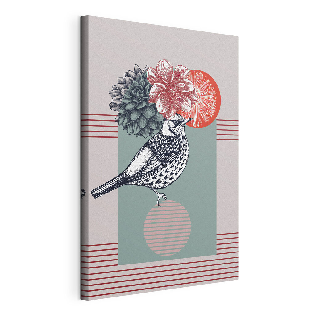 Uccello con fiori, tela tesa e bordo avvolto