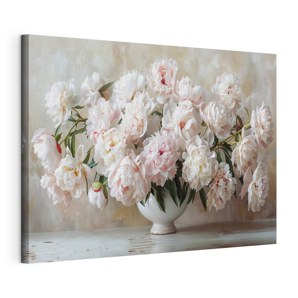 Peonie bianche e morbide, tela tesa e bordo avvolto