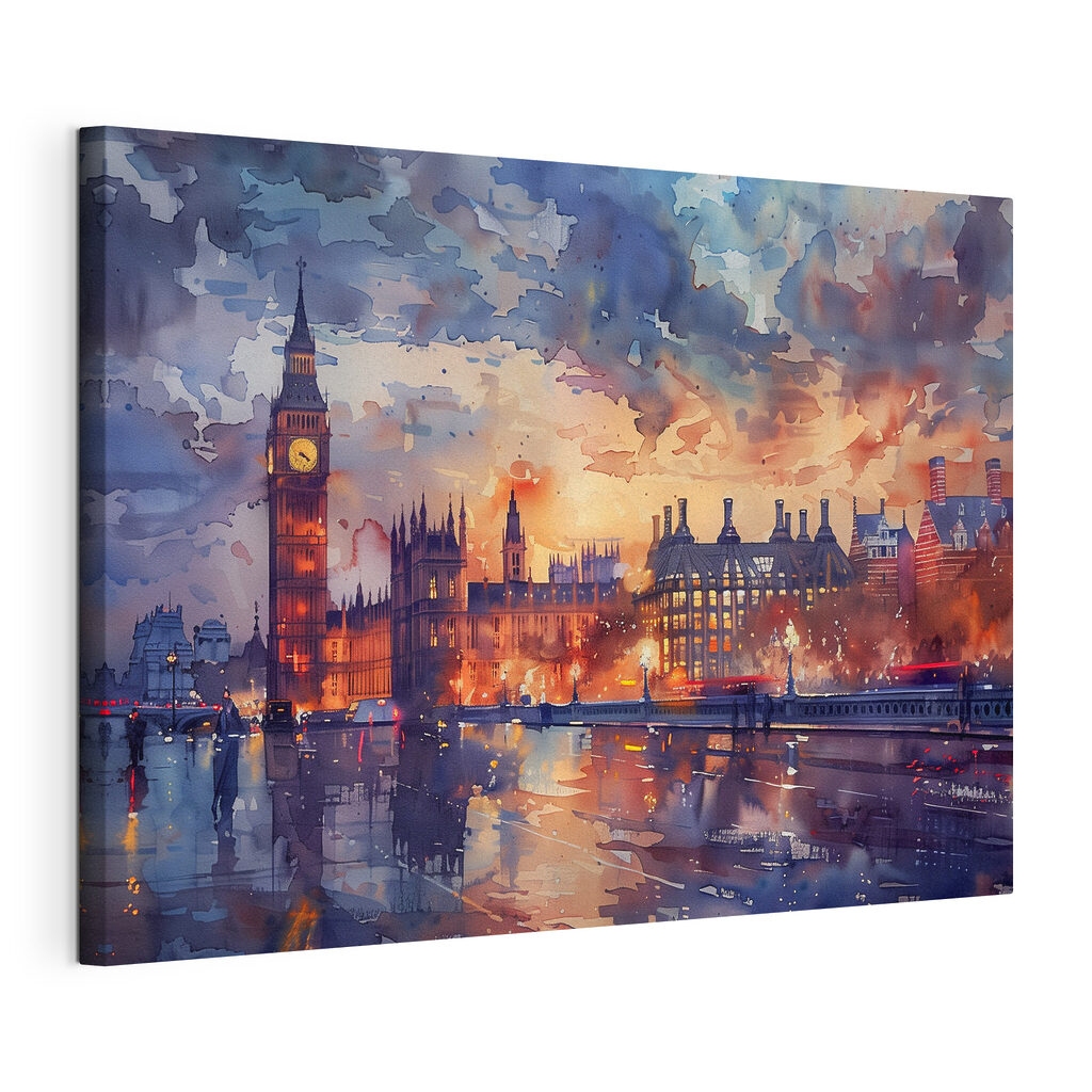 Londra nei colori serali, tela tesa e bordo avvolto