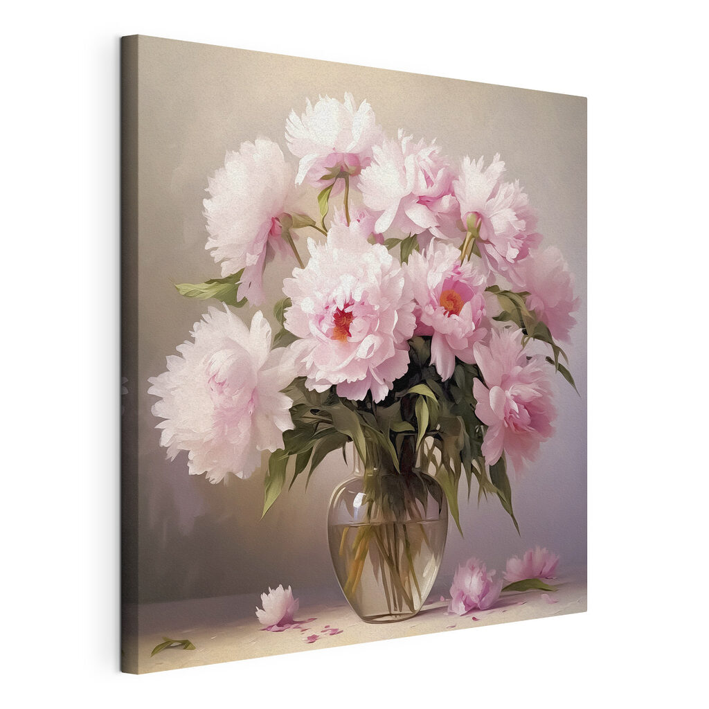 Fiori rosa nel vetro, tela tesa e bordo avvolto