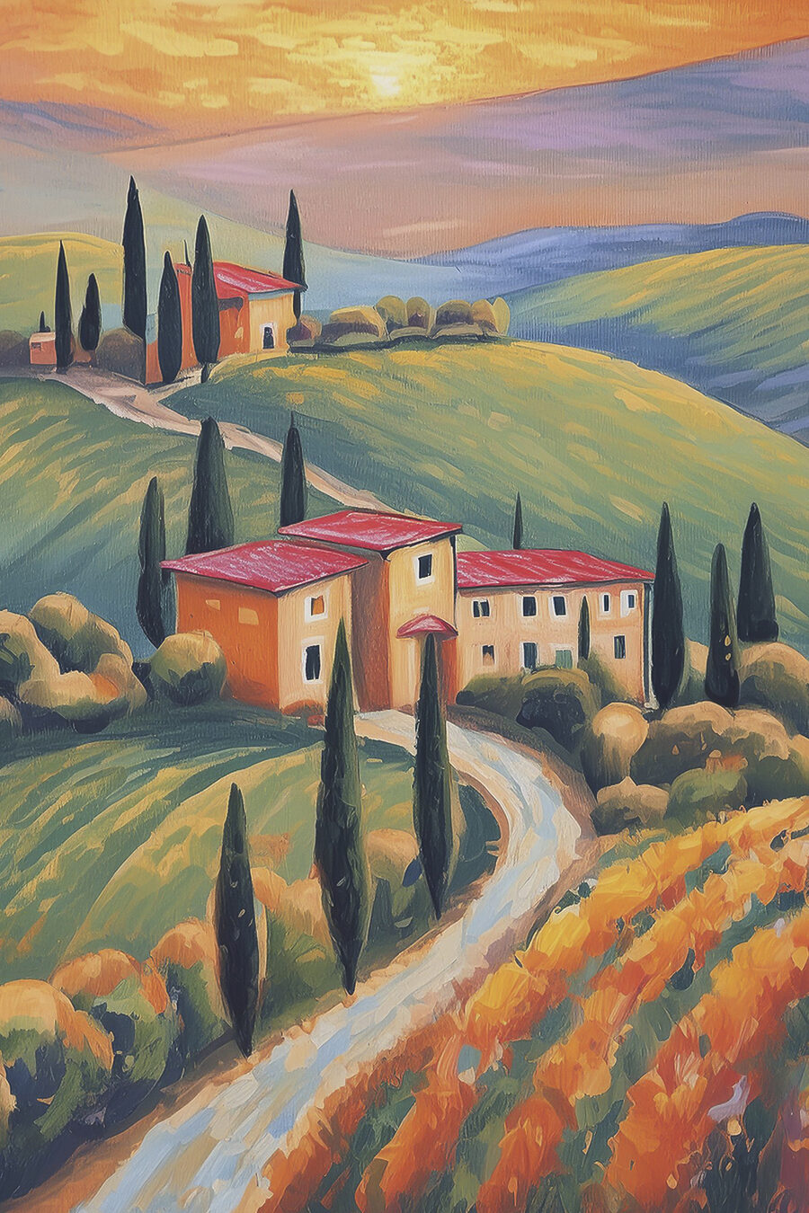 Cipressi sulle colline ondulate — design completo