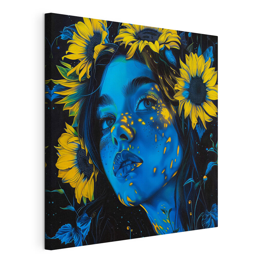 Girasoli intorno al volto, tela tesa e bordo avvolto