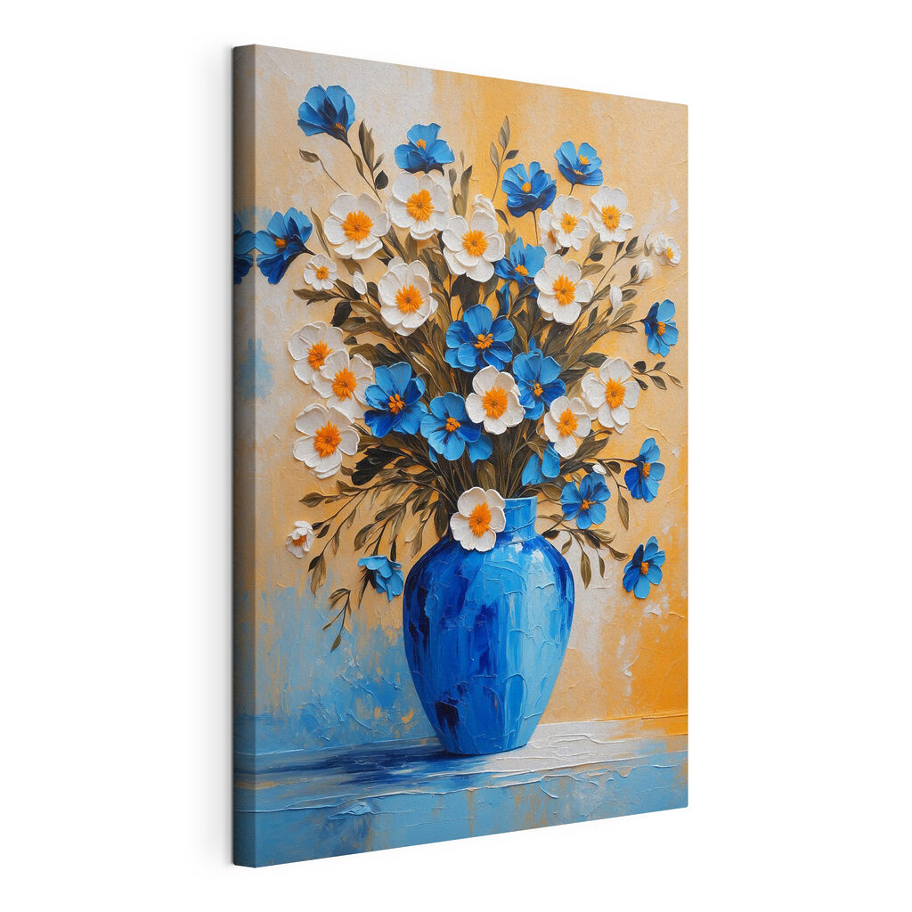 Fiori sopra vetro blu, tela tesa e bordo avvolto