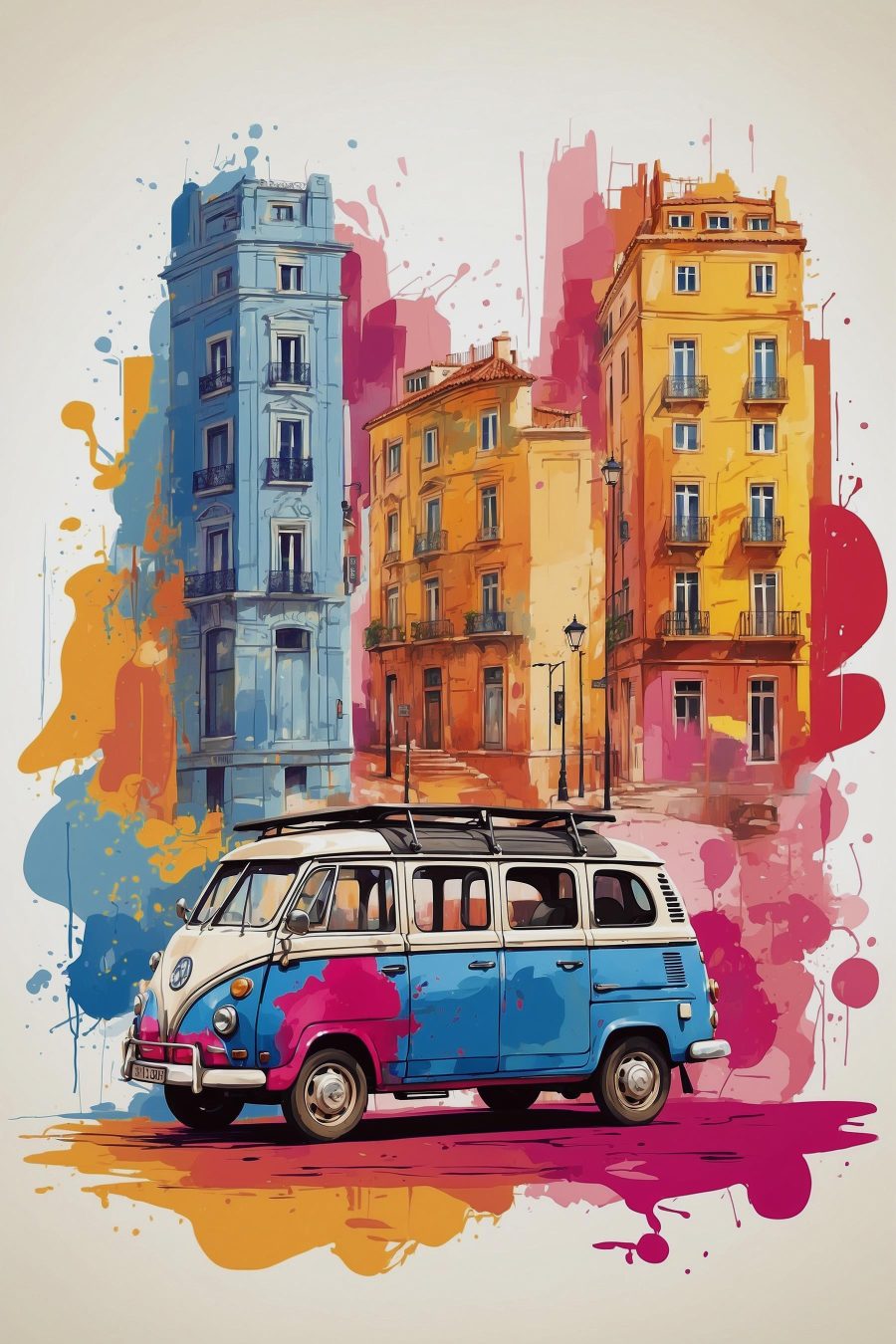 Furgoncino tra facciate colorate — design completo