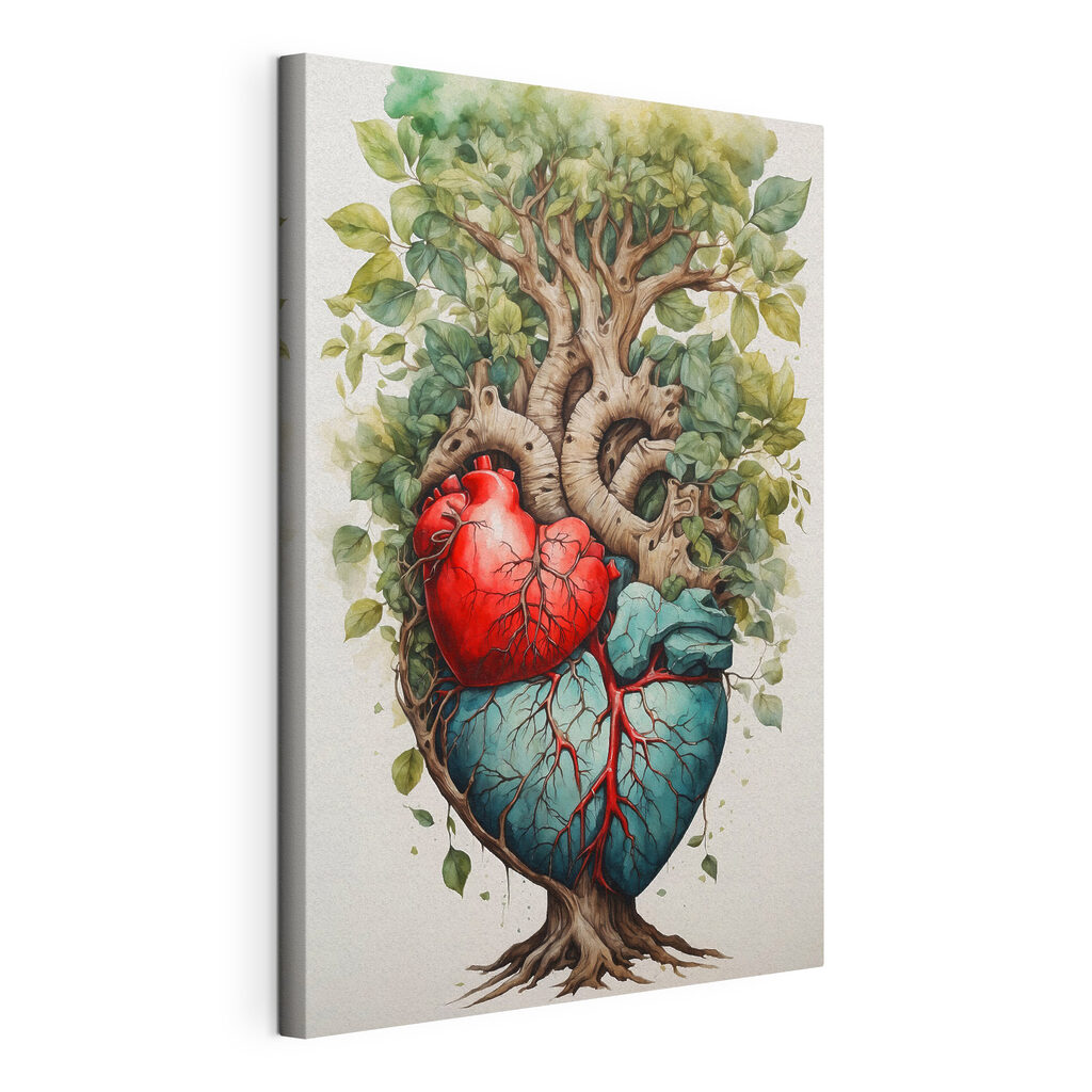 Cuore che mette radici, tela tesa e bordo avvolto