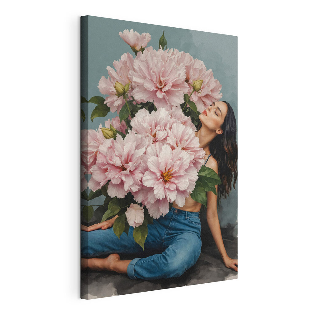 Nascosta tra peonie rosa, tela tesa e bordo avvolto