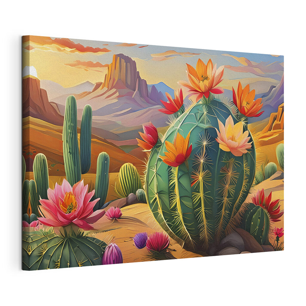 Cactus fioriti nel deserto, tela tesa e bordo avvolto