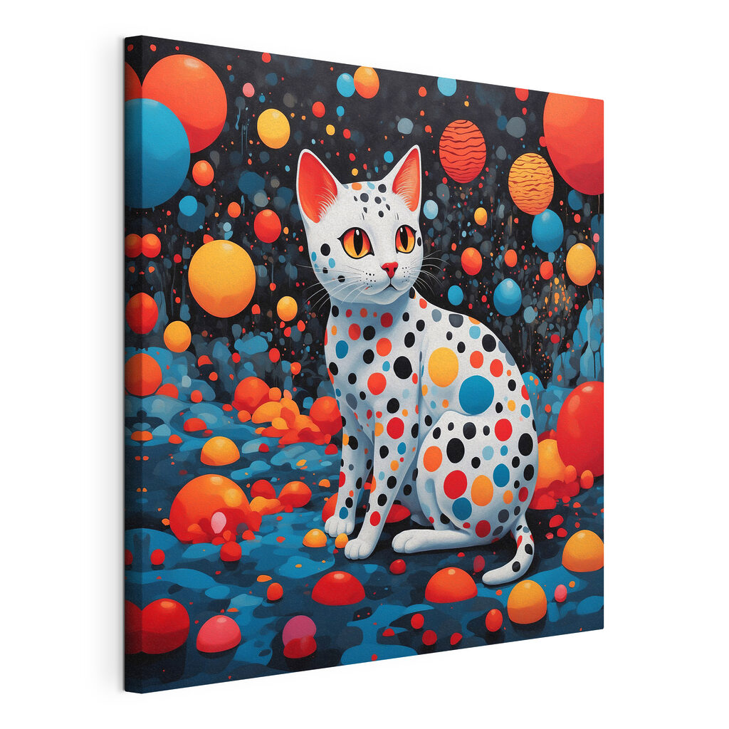 Gatto di punti colorati, tela tesa e bordo avvolto