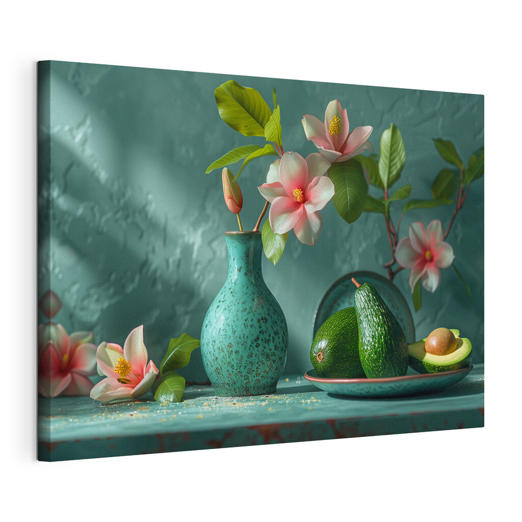 Fiori rosa e avocado, tela tesa e bordo avvolto