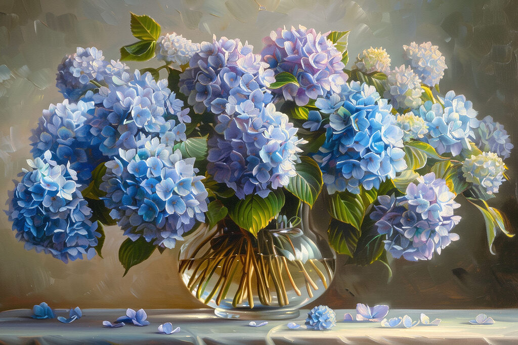 Ortensie blu in vetro — design completo