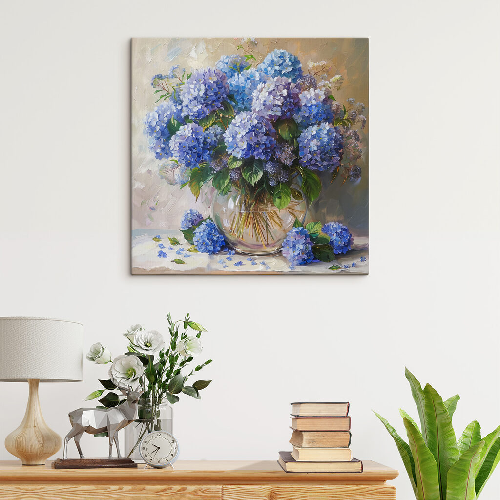 Ortensie in blu acceso in un ambiente
