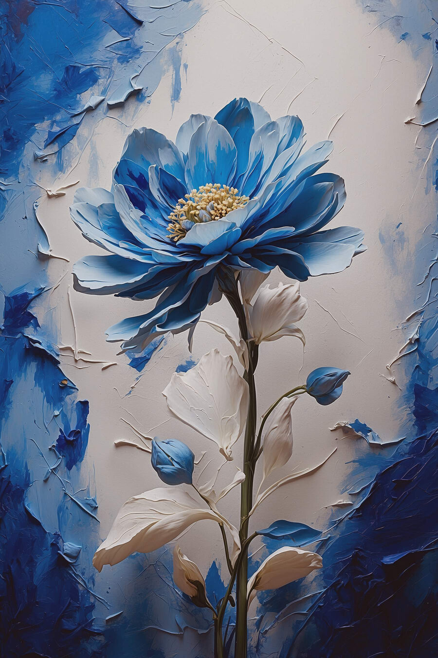 Fiore blu tra pennellate — design completo
