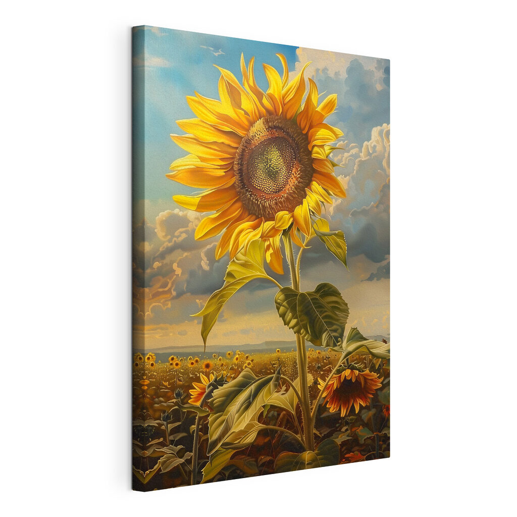 Girasole sopra il campo, tela tesa e bordo avvolto