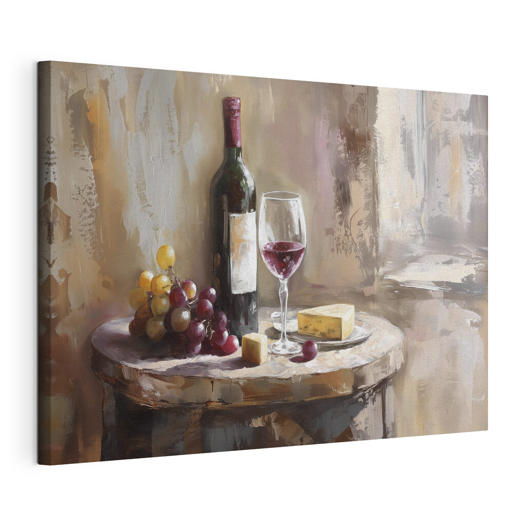 Vino e uva, tela tesa e bordo avvolto