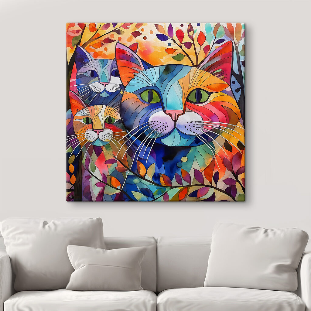 Tre gatti tra colori in un ambiente