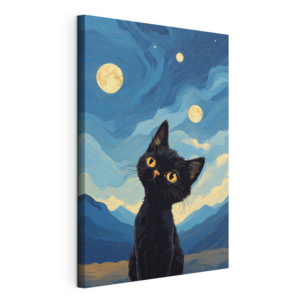 Gattino sotto tre lune, tela tesa e bordo avvolto