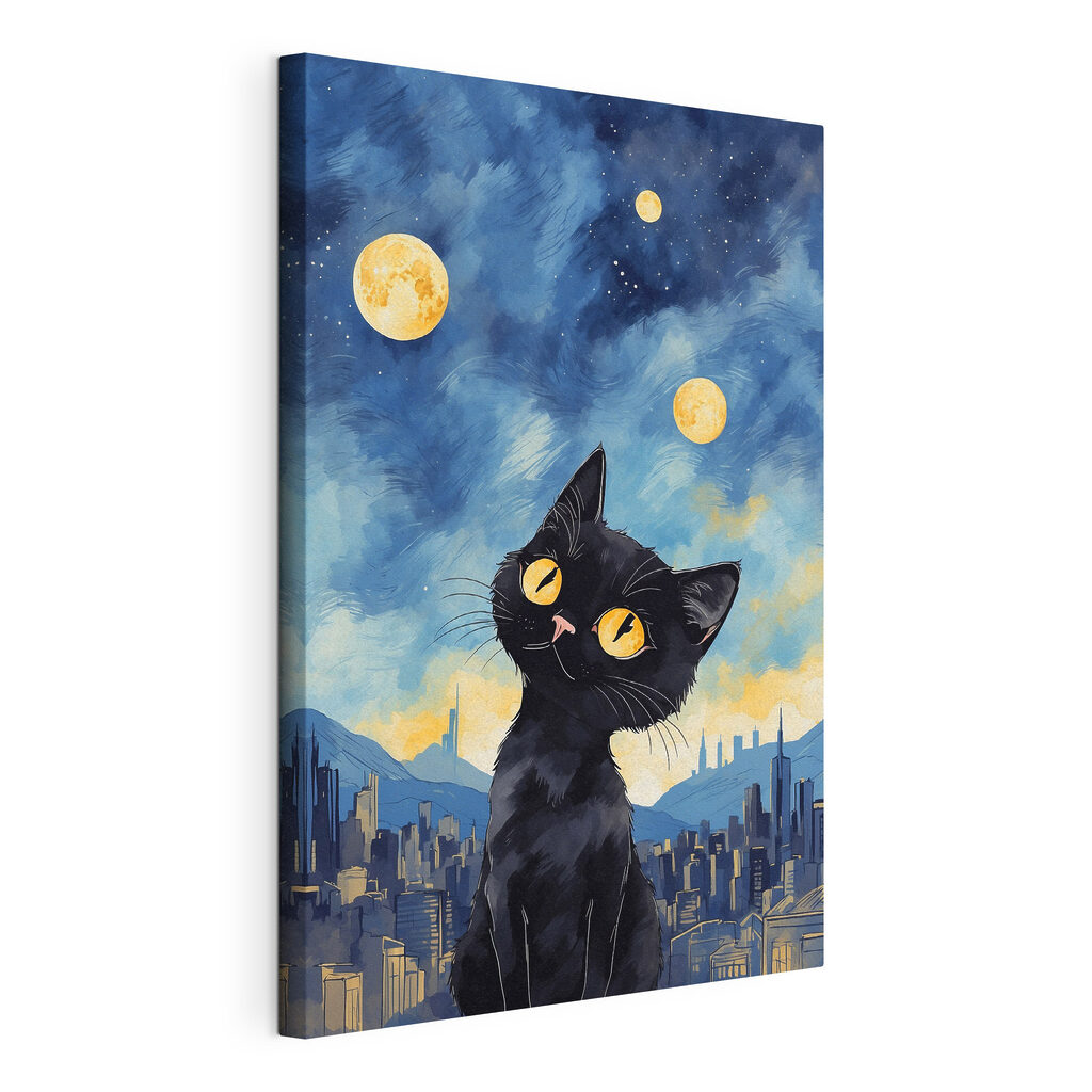 Gatto sopra la città, tela tesa e bordo avvolto