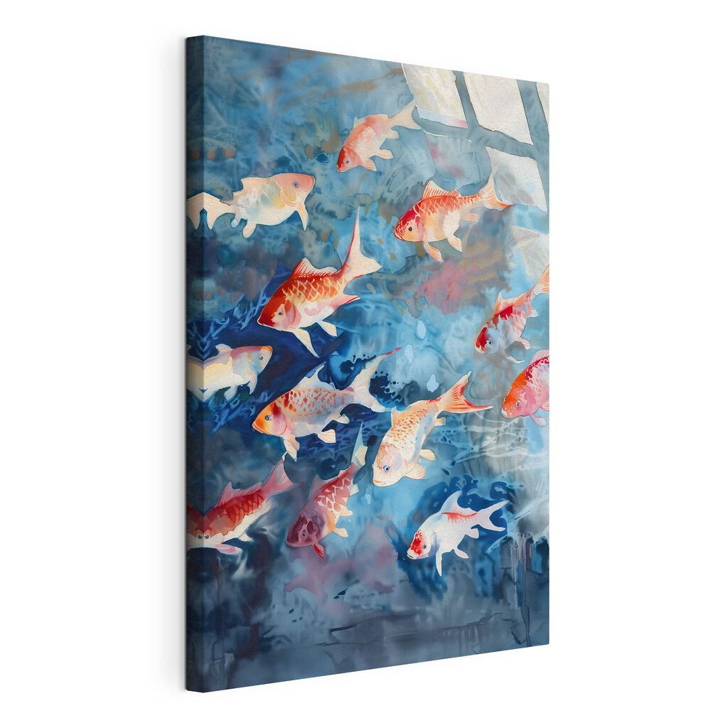 Koi nella luce blu, tela tesa e bordo avvolto