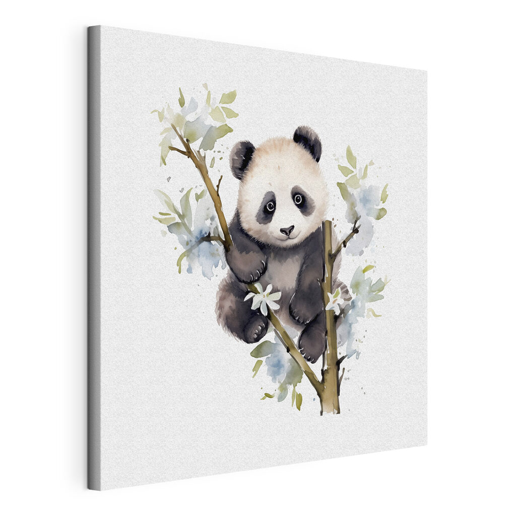 Panda tra fiori bianchi, tela tesa e bordo avvolto